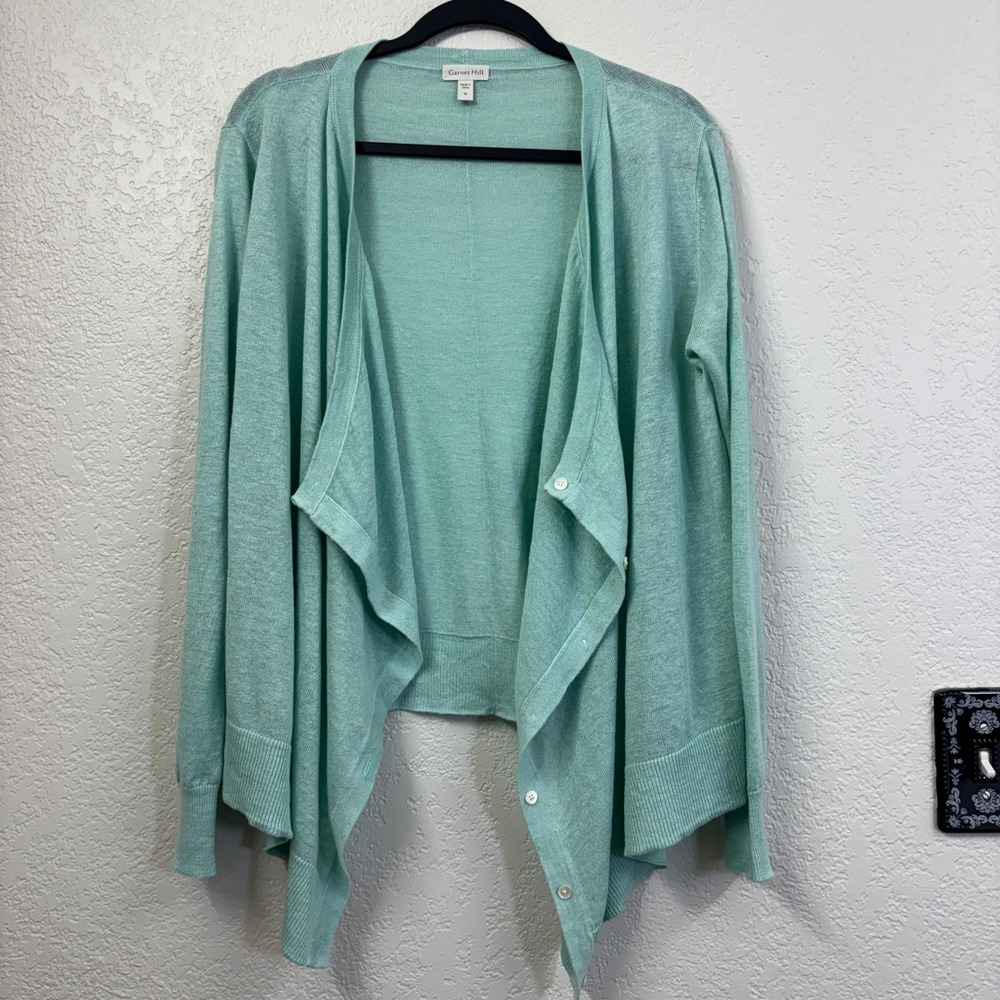 Garnet Hill Cardigan M 100% Linen Aqua Blue Draped Convertible Button Sweater